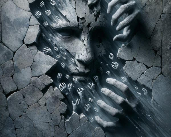 Face Emerging from Cracked Surface Symbolizing Struggle
