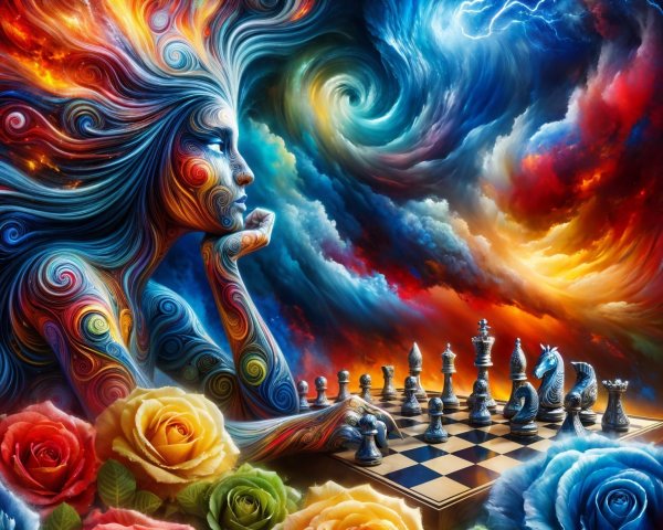 Surreal Scene with Contemplative Figure and Chessboard