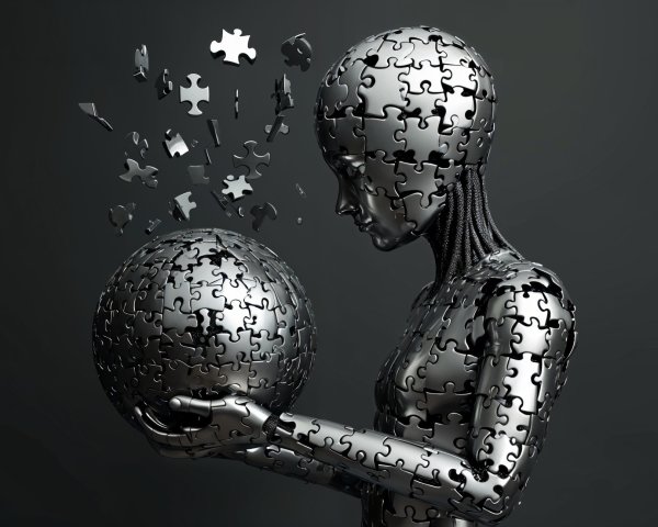 Metallic Humanoid Figure with Puzzle Piece Design