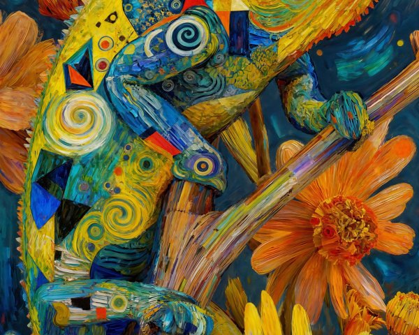 Impressionistic Tropical Jungle Scene with Chameleon