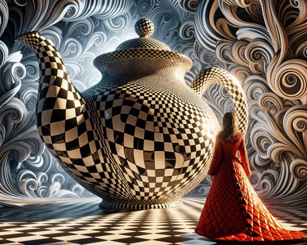 Giant Checkerboard Teapot in Surreal Swirling Scene