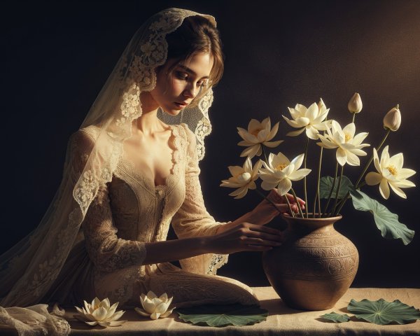 Serene Woman Arranging Lotus Flowers in Soft Light