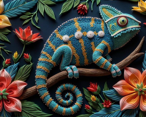 Chameleon on Textured Branch with Floral Quilling Art