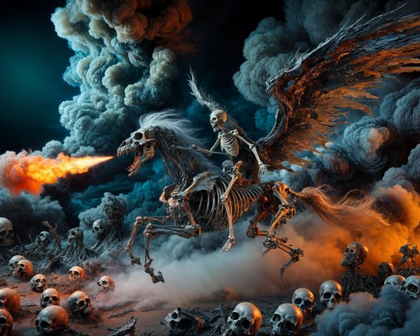 Skeletal Figure on Winged Horse in Dark Landscape