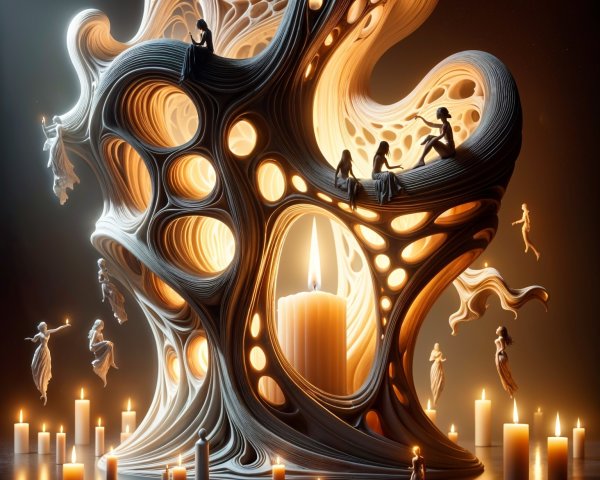 Surreal Organic Sculpture Surrounded by Flickering Candles