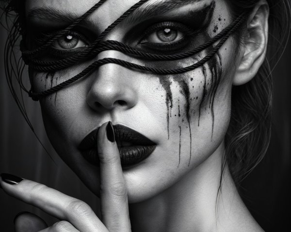 Black-and-White Portrait of Woman with Artistic Makeup