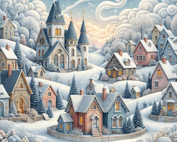 Whimsical Winter Landscape with Snow-Covered Cottages