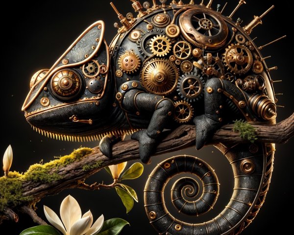 Steampunk Chameleon on Moss-Covered Branch