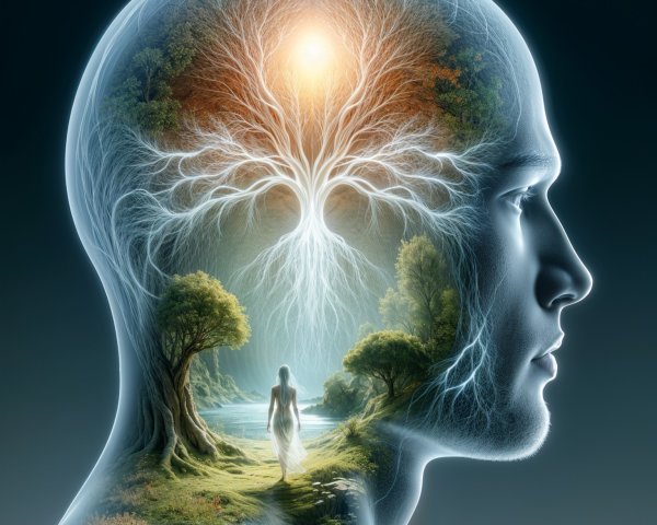 Translucent Head with Vibrant Landscape and Sunlight