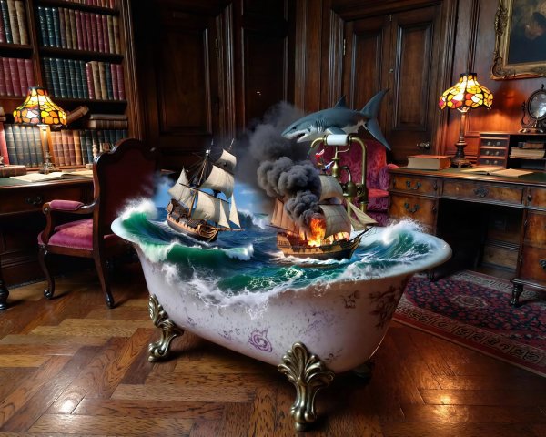 Surreal Bathtub Scene in Vintage Library Setting