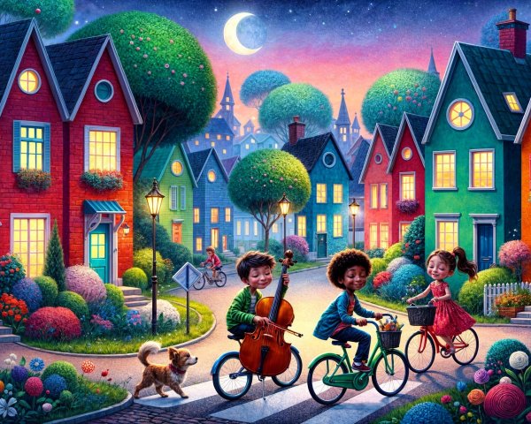 Whimsical Neighborhood Scene Under Twilight Sky