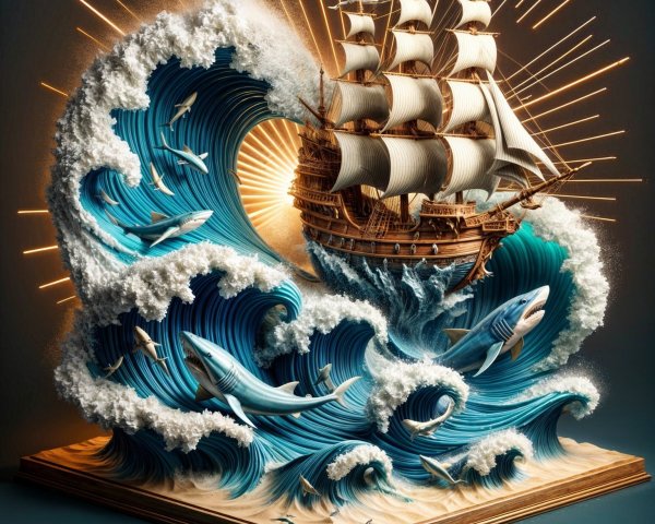 3D Artwork of Ship Sailing Through Dynamic Waves