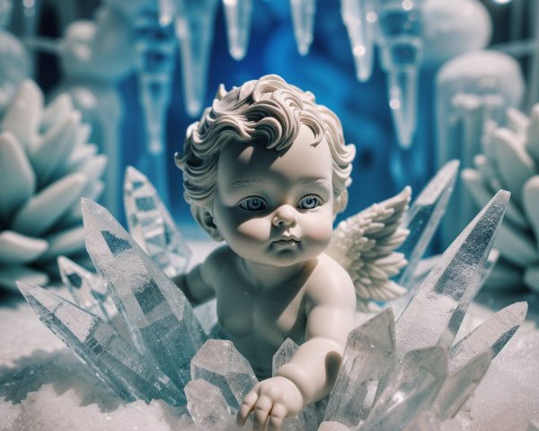 Porcelain Angel Surrounded by Shimmering Ice Crystals