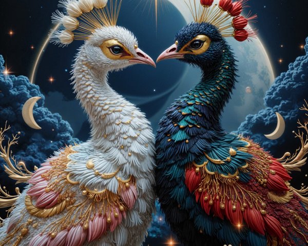 Peacocks in Mystical Night Sky with Stars and Moon