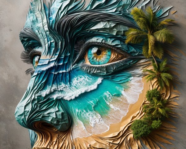 Intricate Face Artwork Blending Nature and Ocean Elements