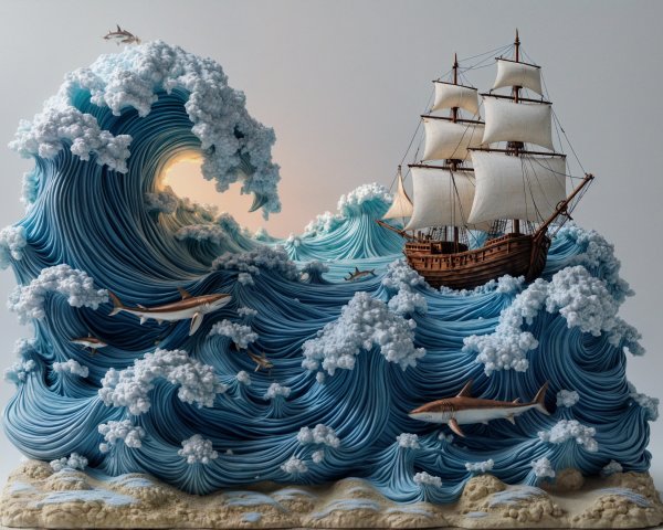 Dynamic Ocean Waves with Ship and Sharks Scene