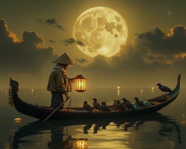 Lone Figure in Boat Under Full Moon with Ducks