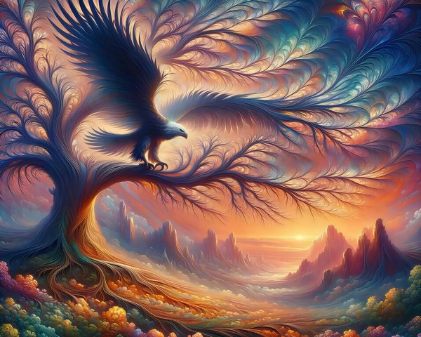Fantasy Landscape with Eagle and Intricate Tree Branches