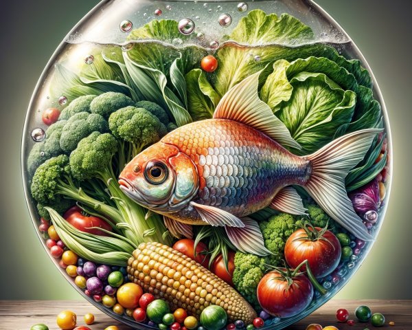 Vibrant Fishbowl with Fish and Colorful Vegetables