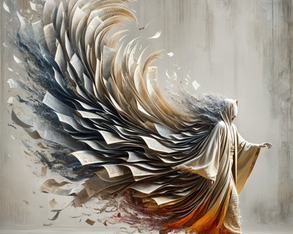 Figure in flowing robes with pages as hair