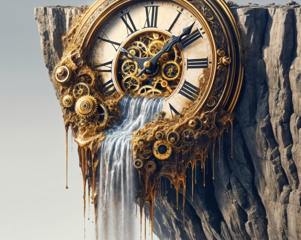 Surreal Clock with Dripping Gold on Rocky Cliff