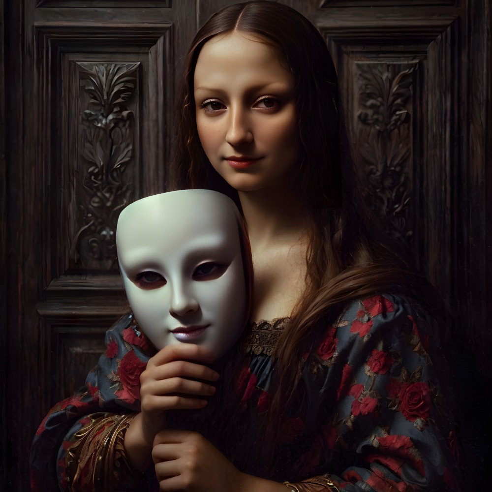 Serene Woman with Mask Against Wooden Backdrop