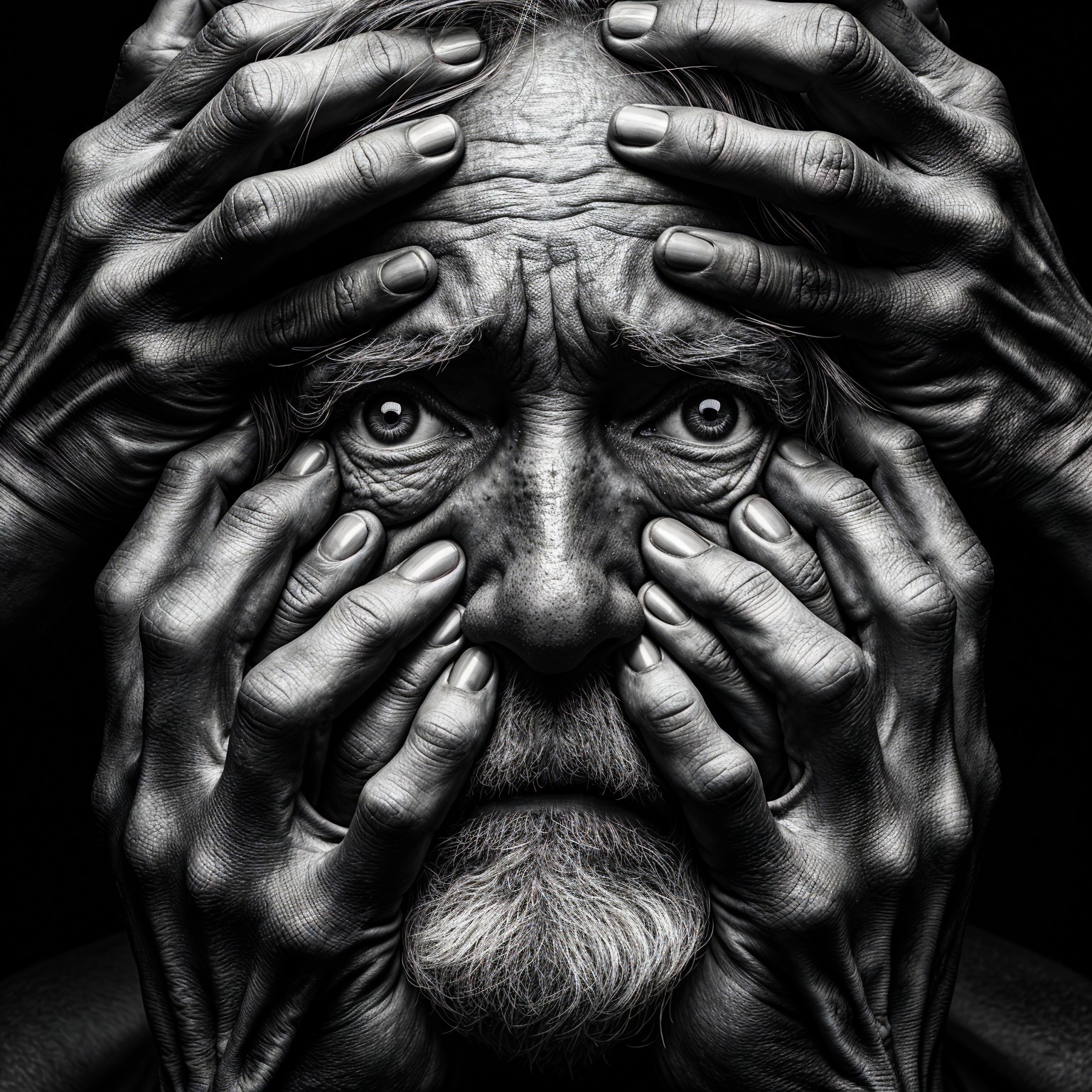 Elderly Man's Face Surrounded by Grasping Hands