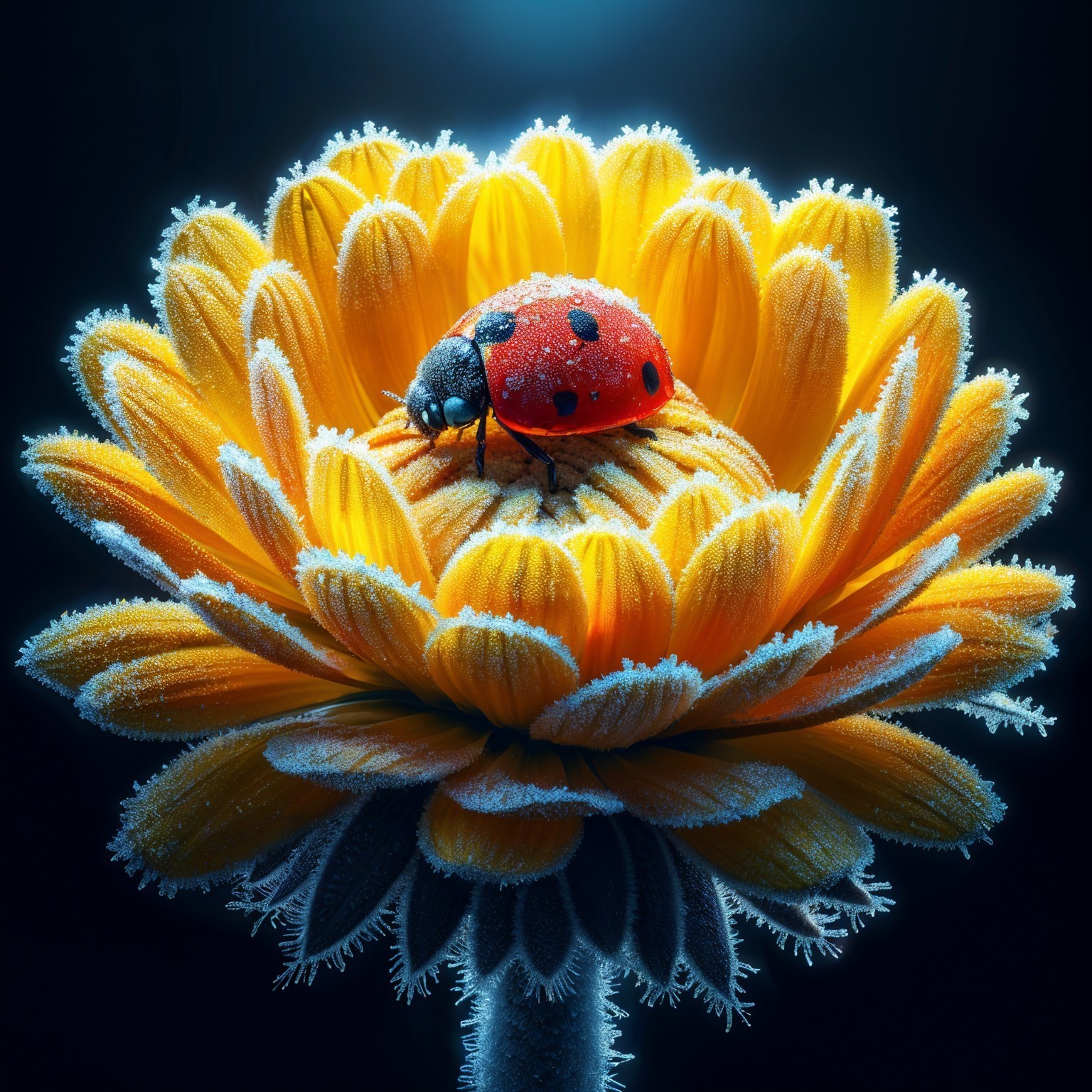 Close-up of Yellow Flower with Frost and Ladybug