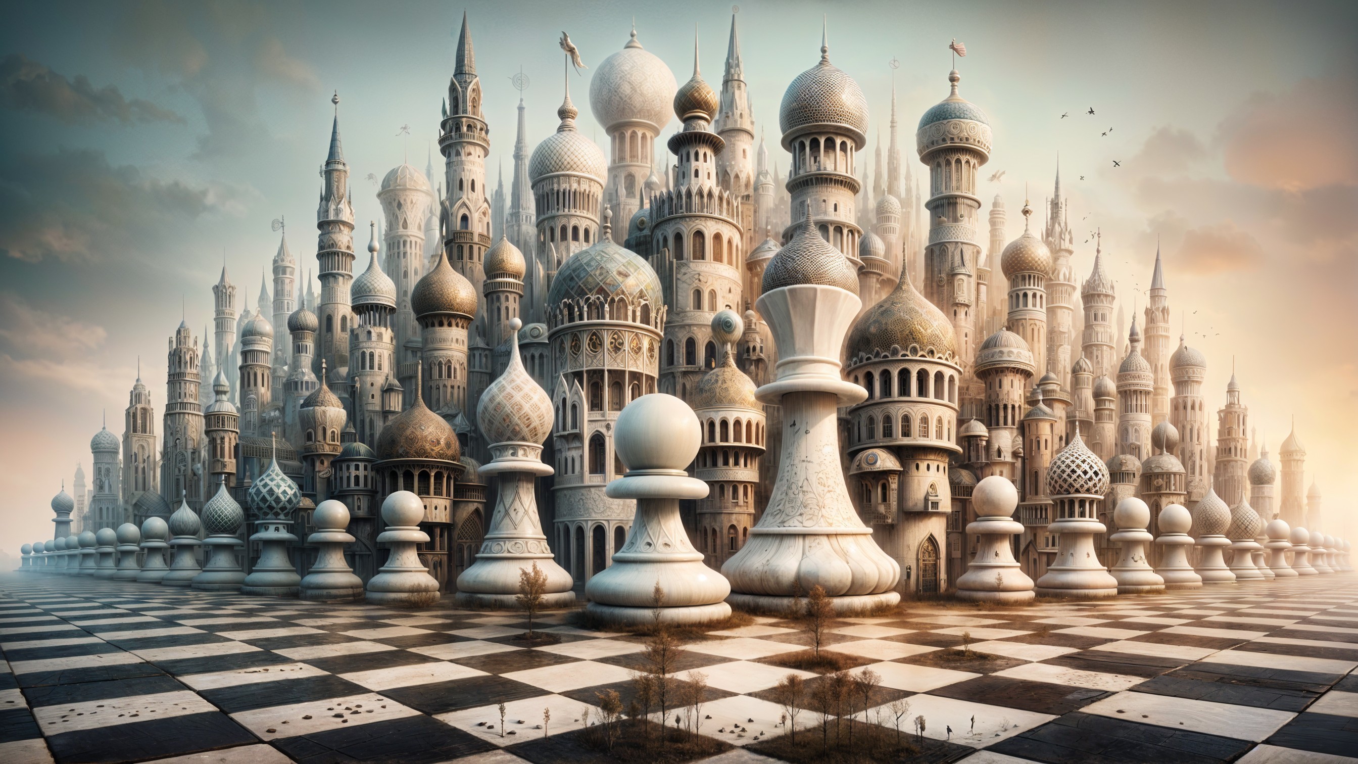 Fantastical cityscape with towering spires and chessboard