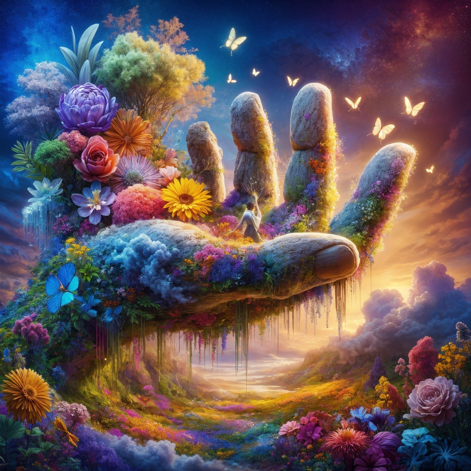 Gigantic Hand Cradling Vibrant Flora and Sunset