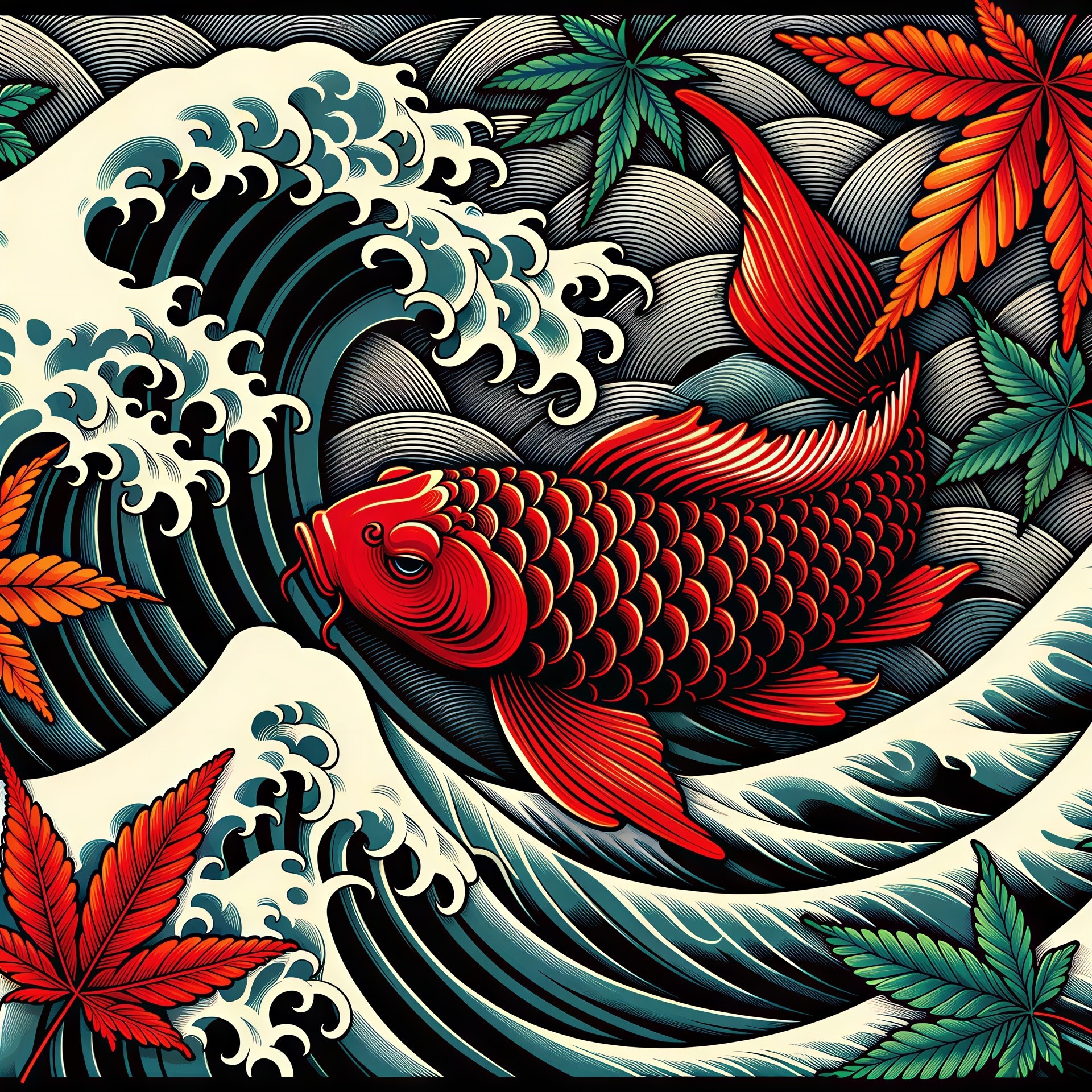 Vibrant Red Koi Fish in Japanese Woodblock Print Style