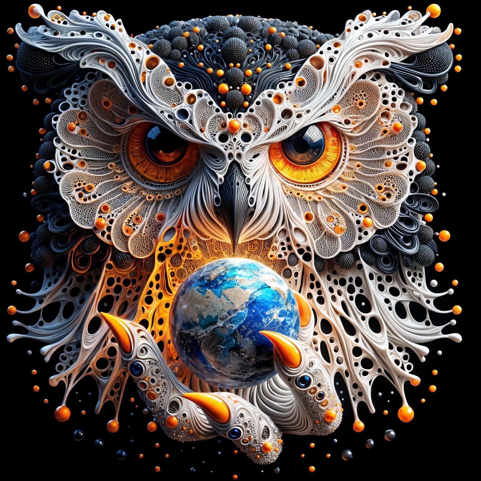 Intricate Owl Design with Earth and Colorful Orbs