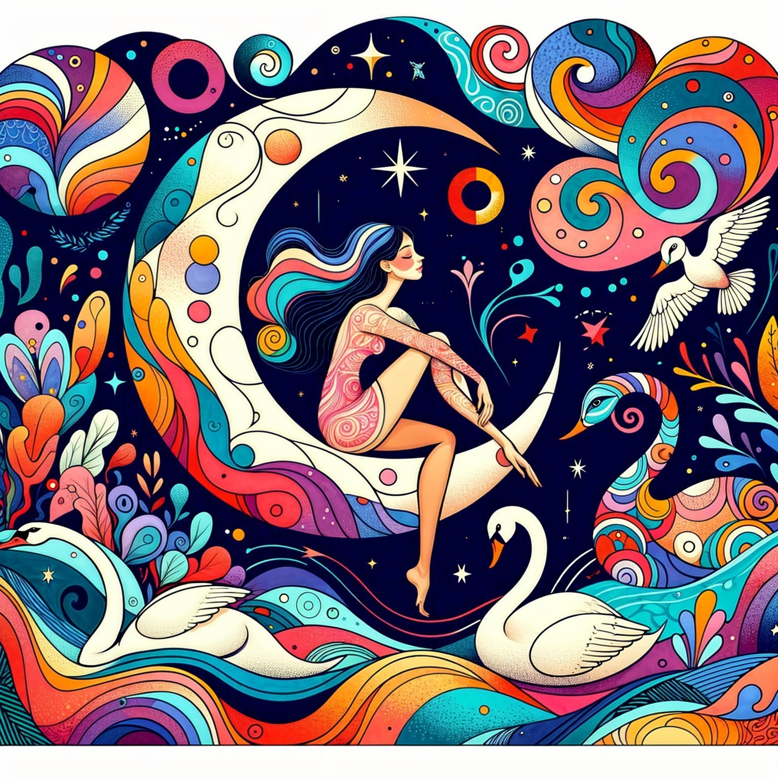 Whimsical Illustration of Woman on Crescent Moon