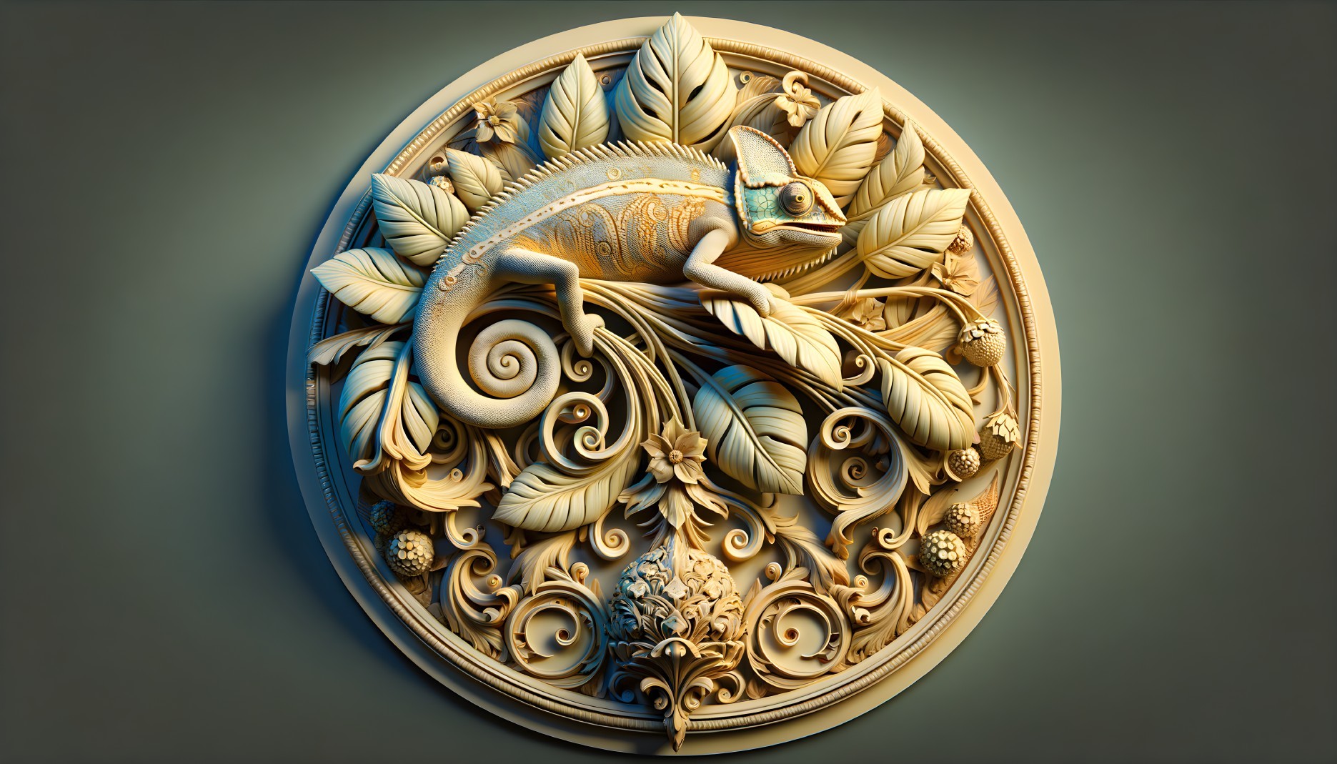 Relief Sculpture of Chameleon Among Foliage Details