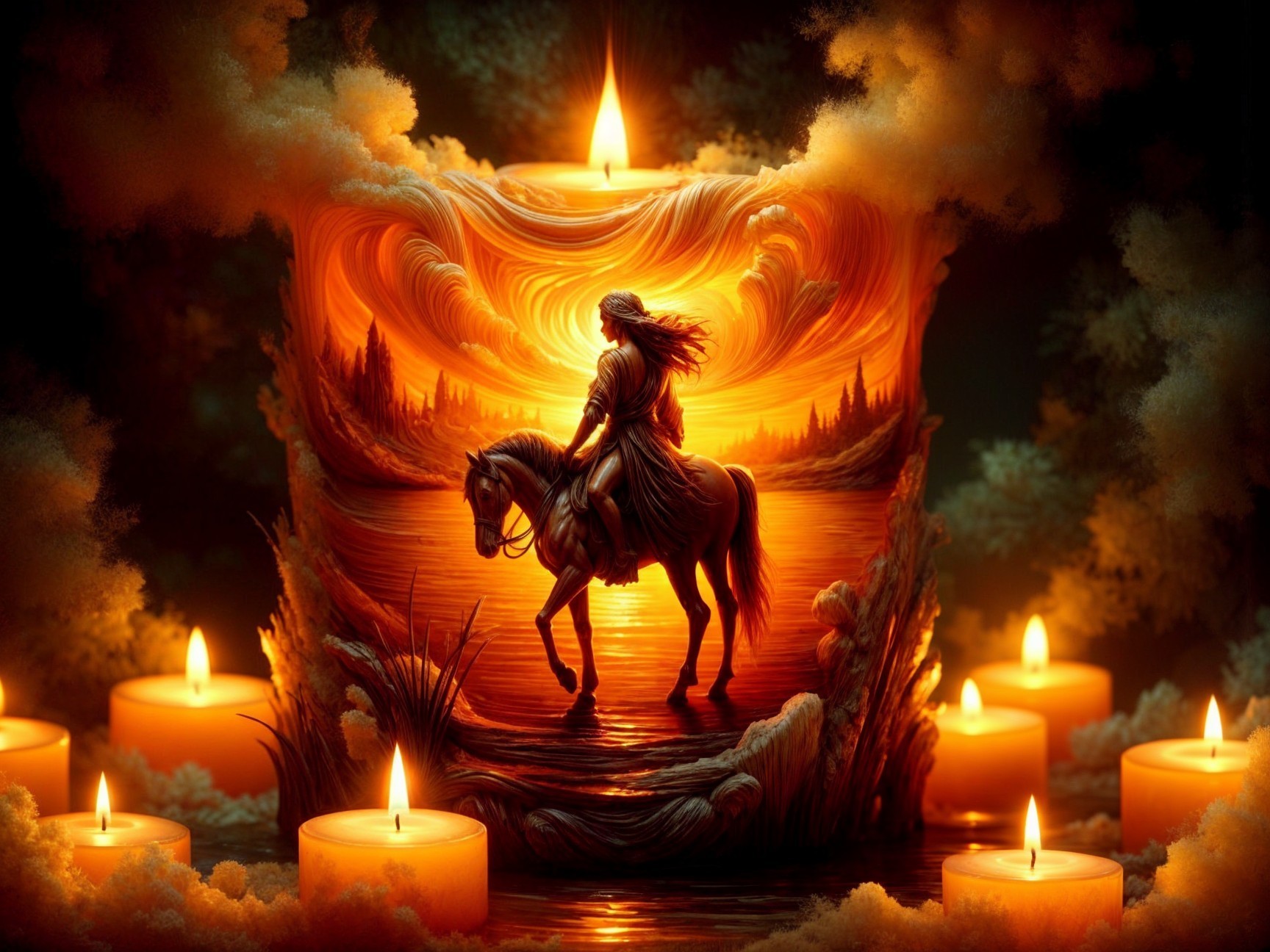 Candle with Horse Silhouette and Sunset Scene