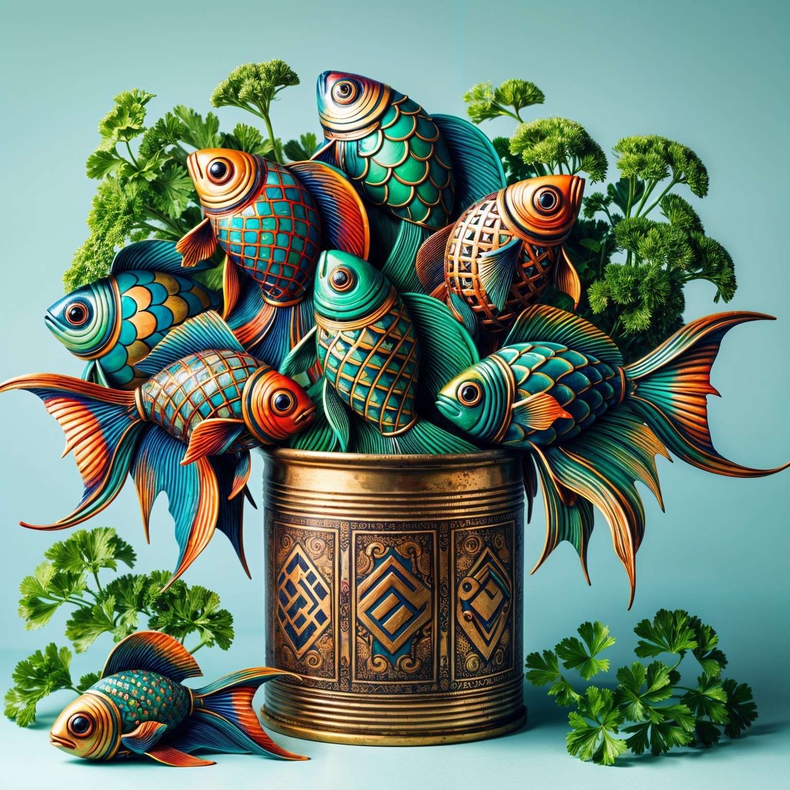 Vibrant Fish Arrangement in Ornate Metallic Pot