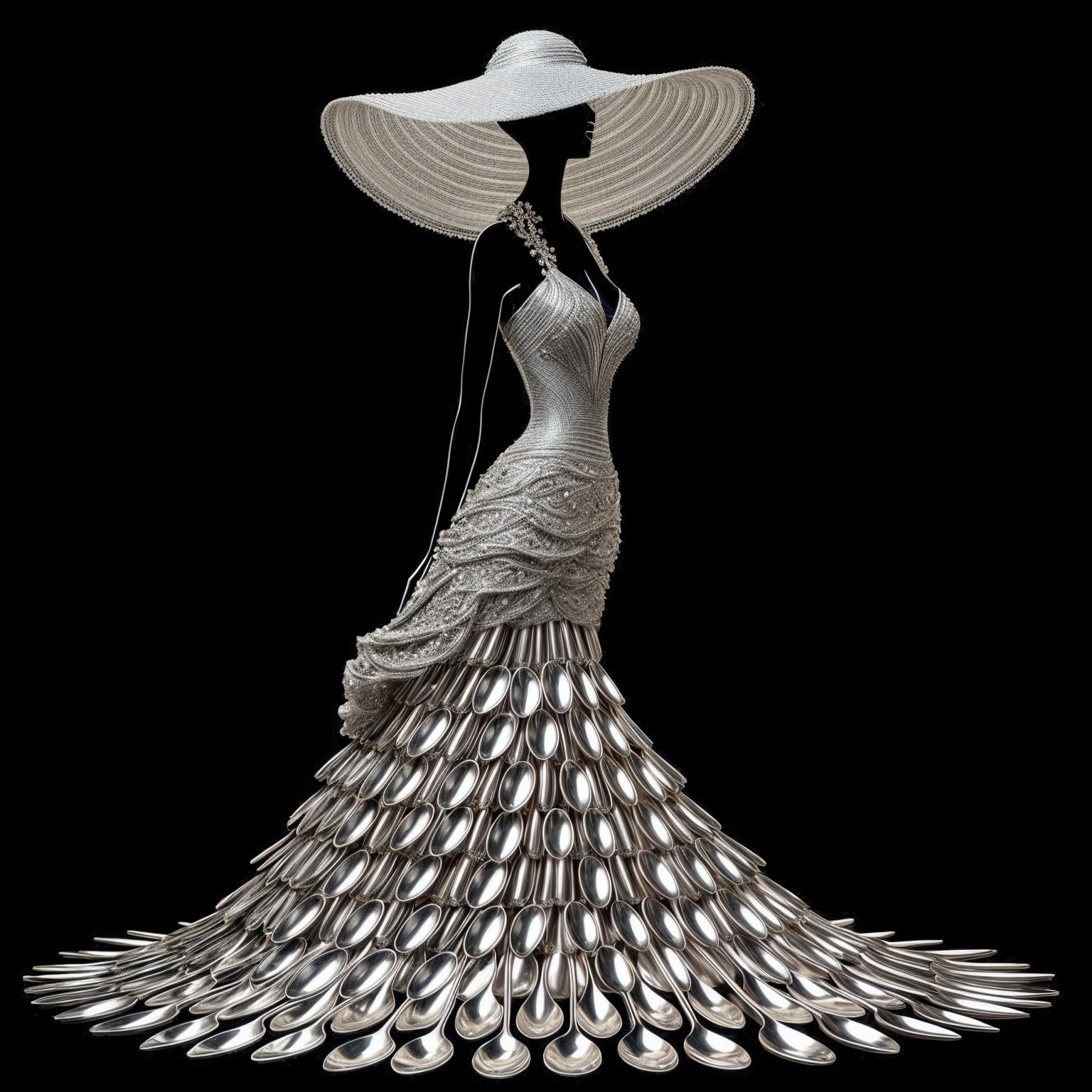 Gown with Spoon Elements and Dramatic Hat Design