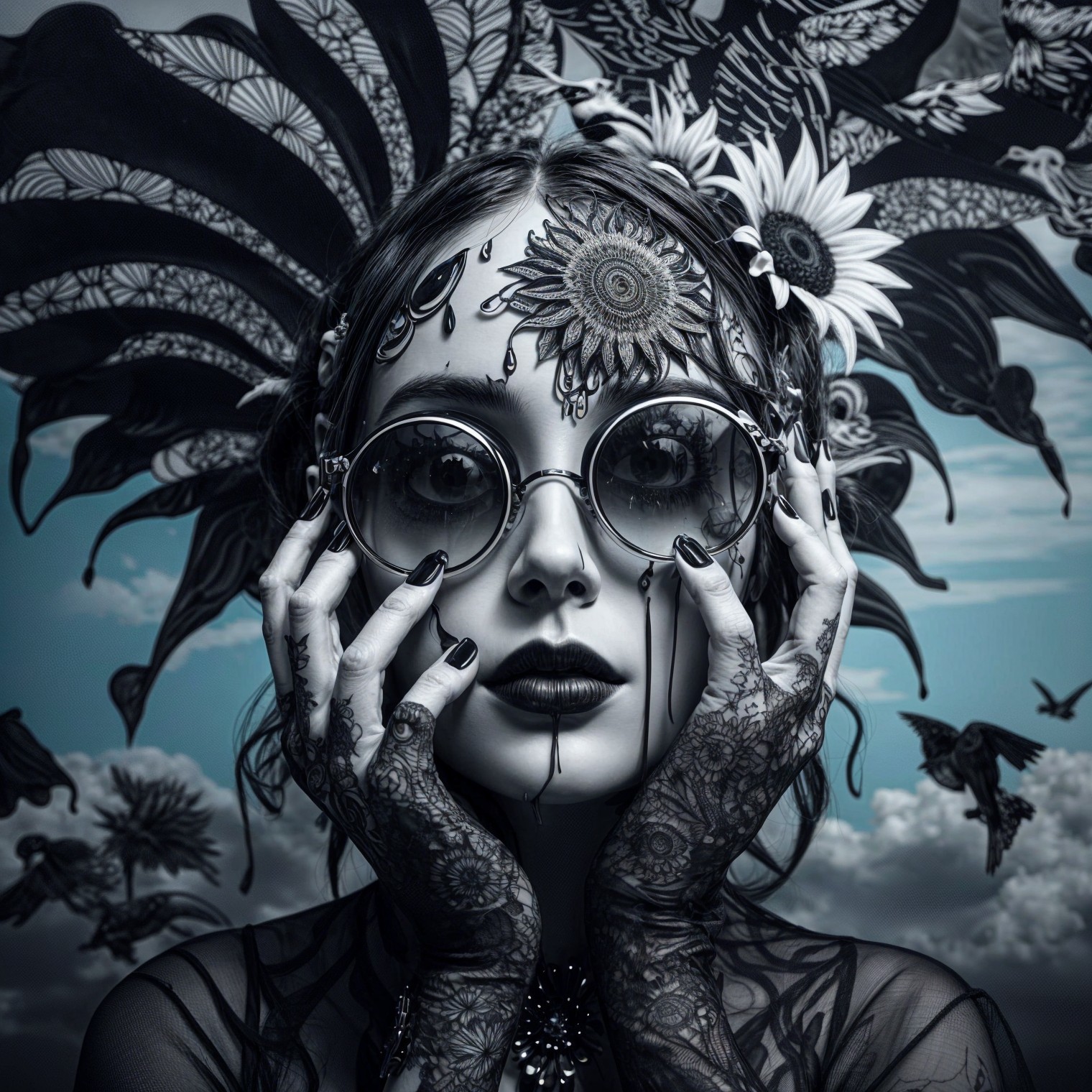 Woman with Body Tattoos and Round Sunglasses