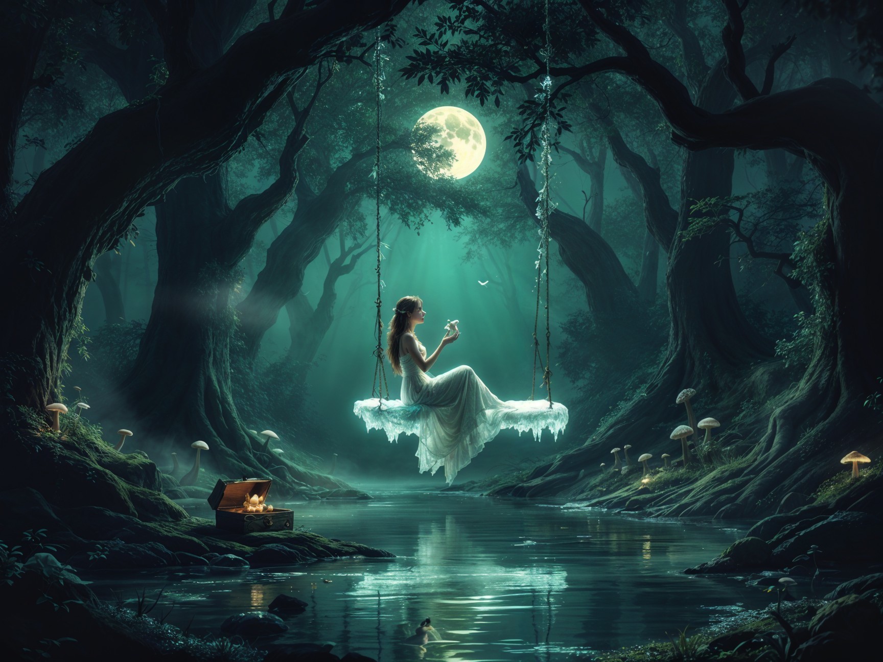 Woman in White Gown Swinging Over Tranquil River