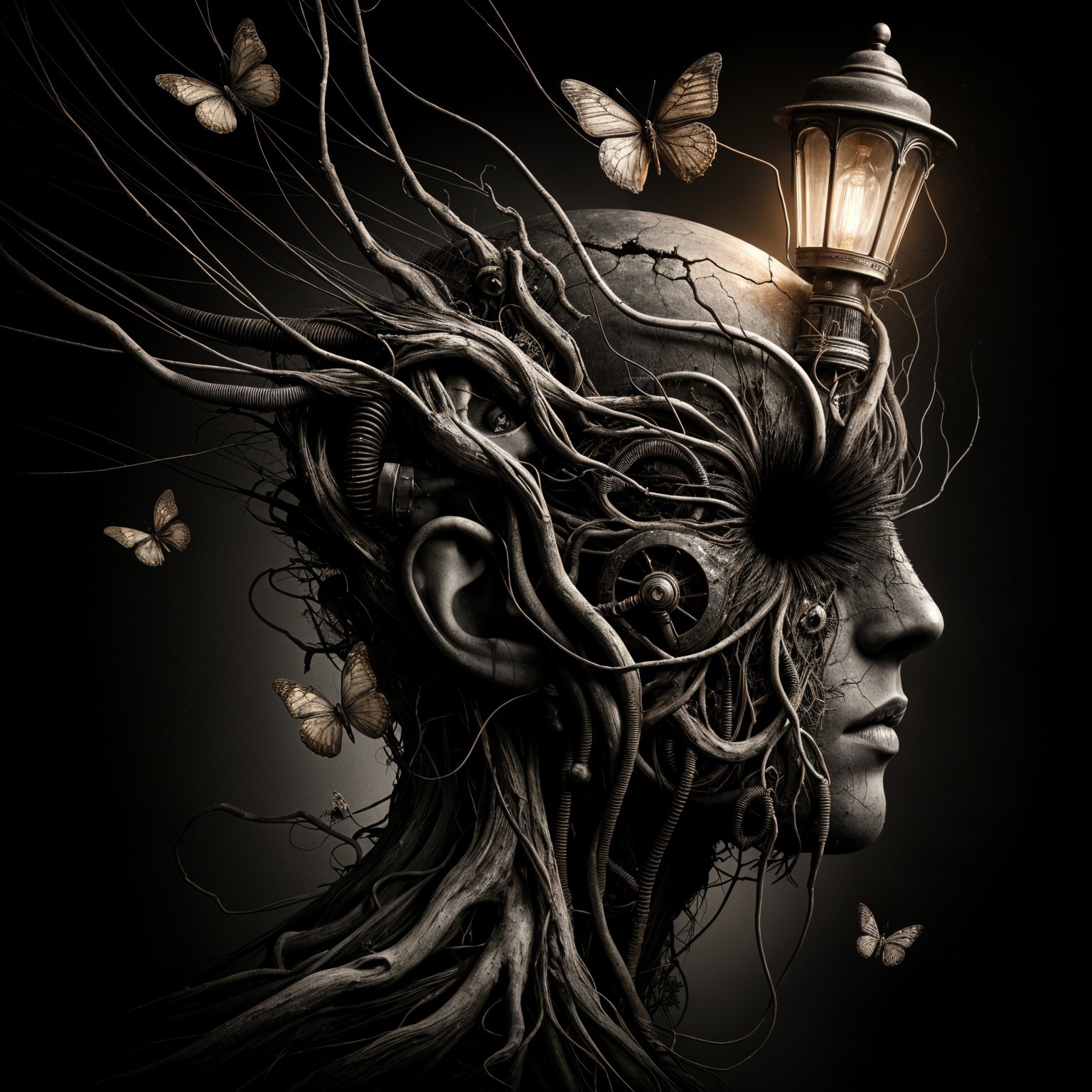 Surreal Human Head with Nature and Technology Elements