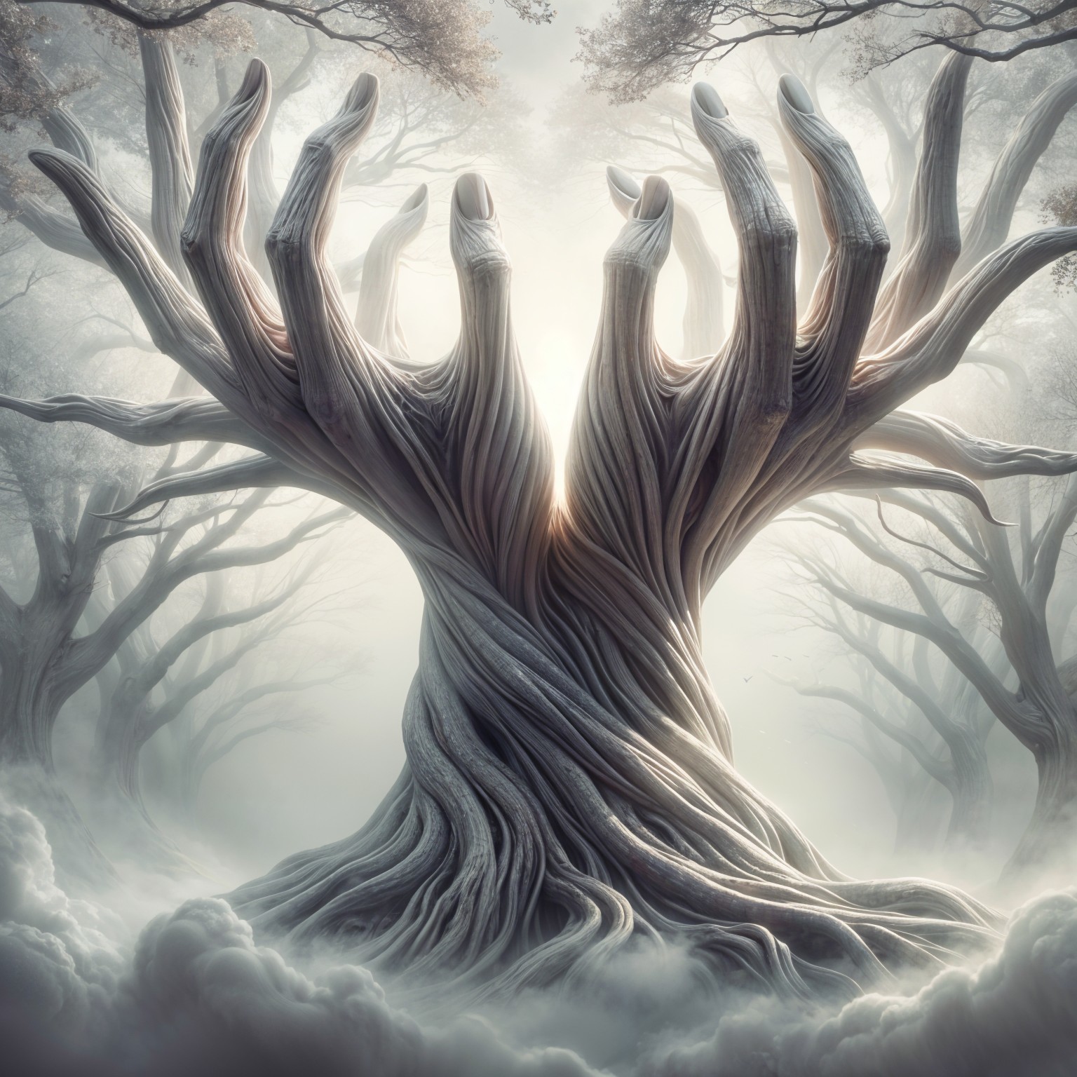Surreal Scene of a Gnarled Tree in Misty Forest