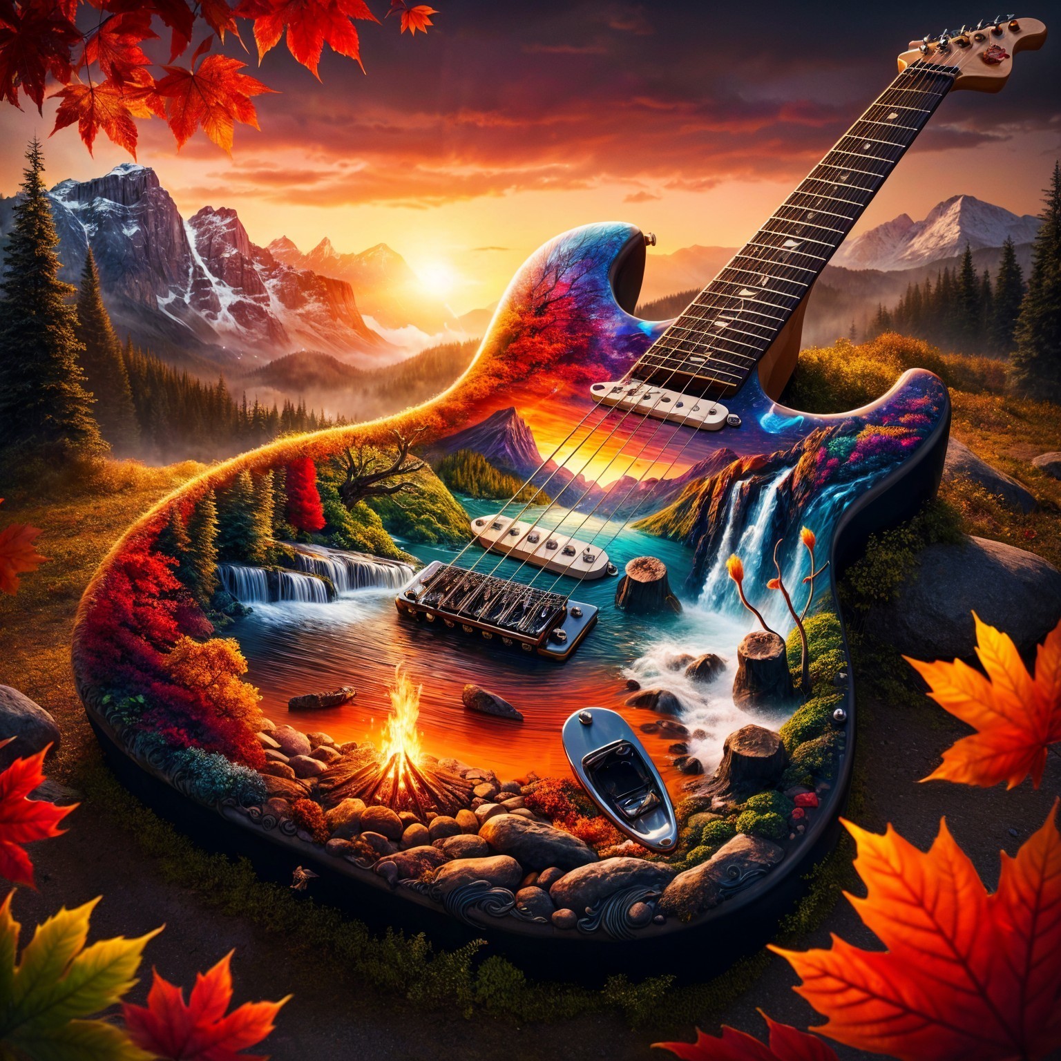 Electric Guitar on Rocky Surface with Scenic Backdrop