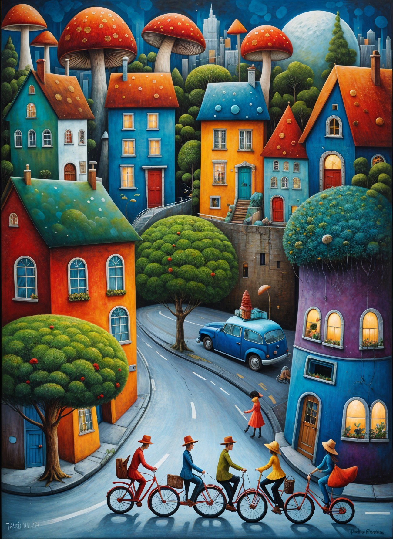 Whimsical Landscape with Colorful Houses and Trees