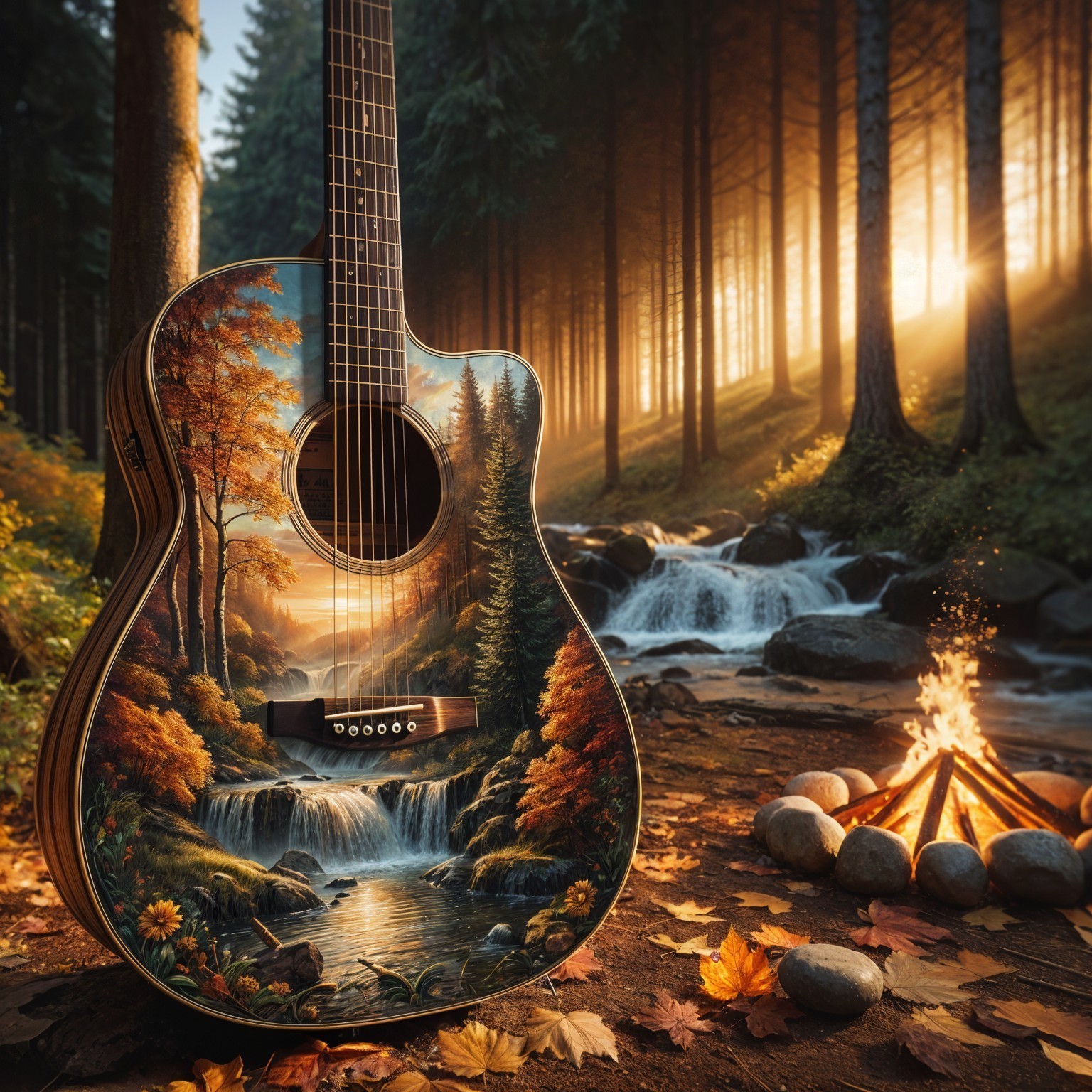 Acoustic Guitar with Serene Forest Scene Design