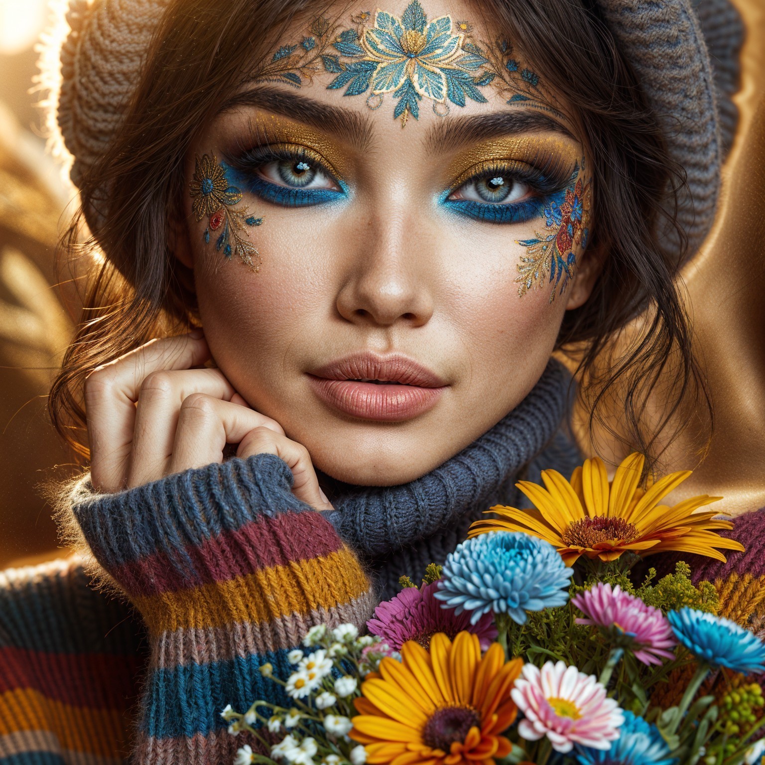 Close-Up Portrait of Woman with Floral Eye Makeup