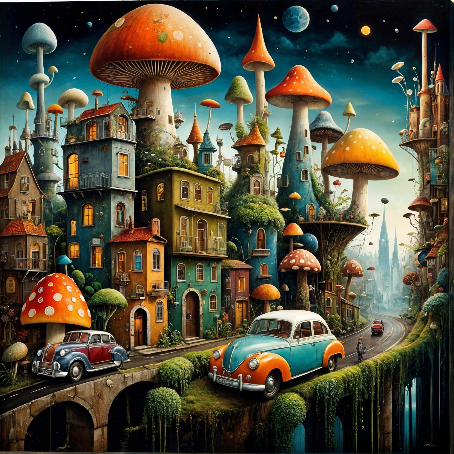 Whimsical Landscape with Colorful Mushrooms and Houses
