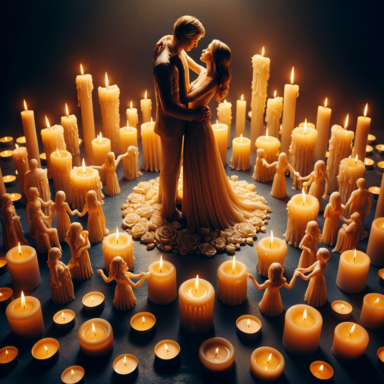 Romantic Couple Embraced by Glowing Candles and Figures