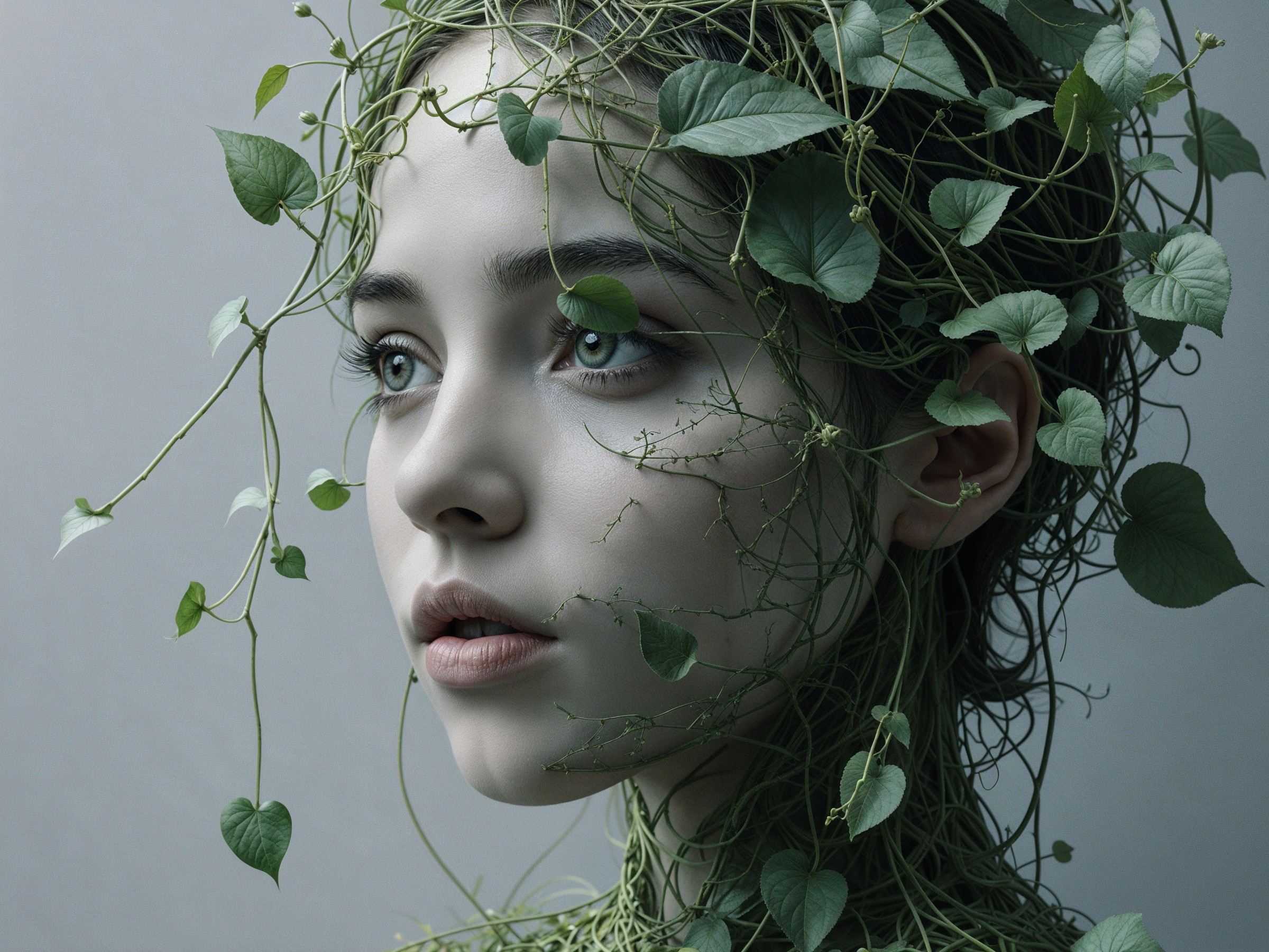 Close-Up Portrait of a Woman with Blue Eyes and Vines