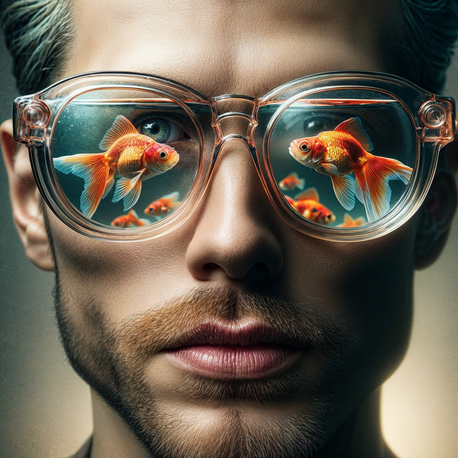 Close-Up of Man with Glasses Reflecting Goldfish