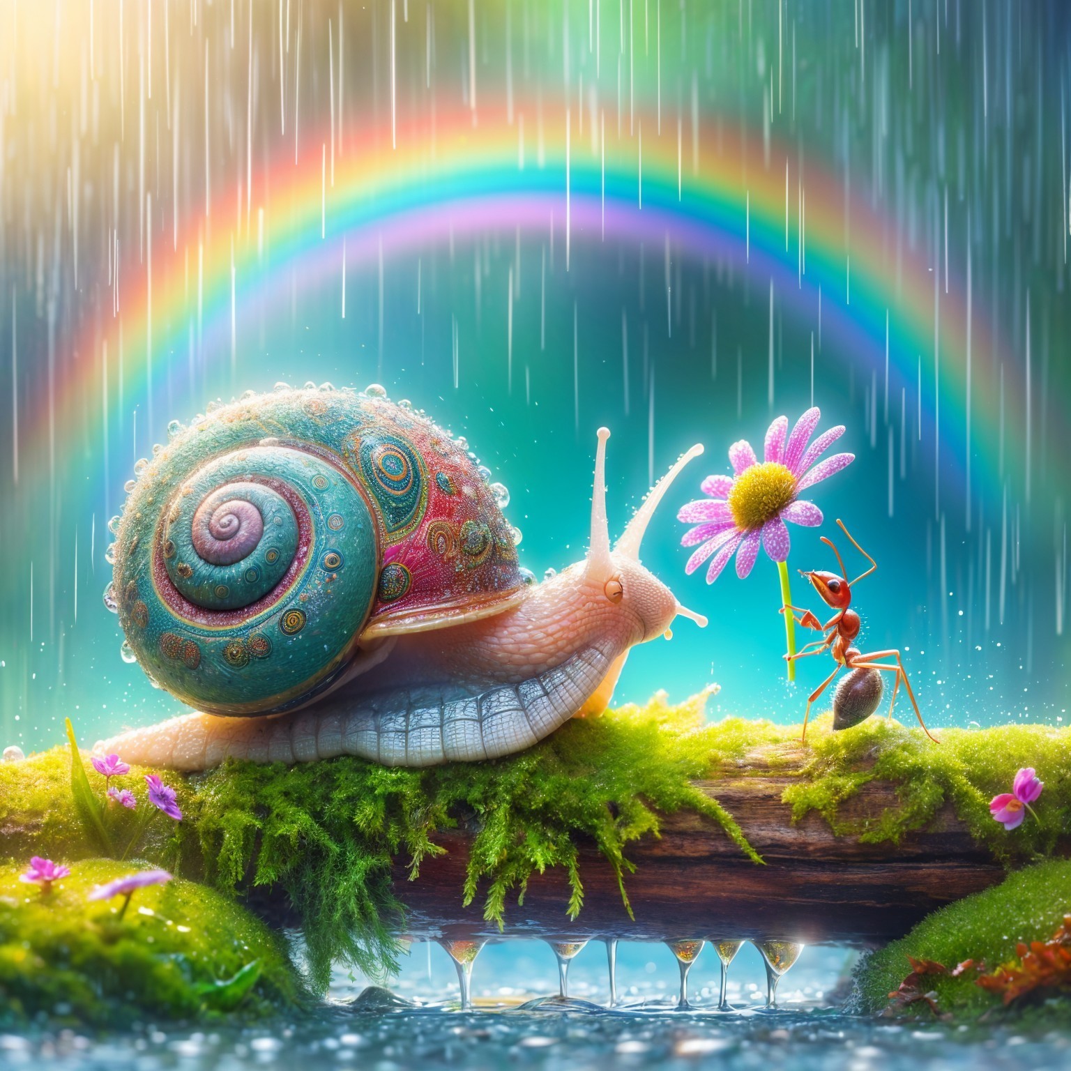 Colorful Snail and Ant in Enchanted Forest Scene